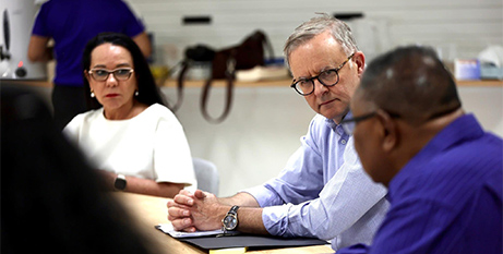 Linda Burney and Anthony Albanese at a meeting on Thursday Island yesterday (Facebook/Anthony Albanese MP)